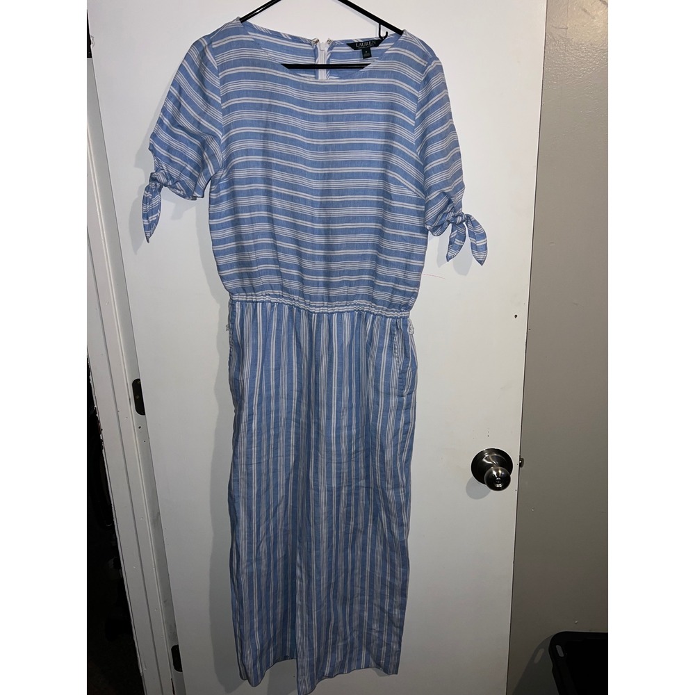 Lauren Ralph Lauren Blue White Striped Linen Jumpsuit Size 8 Tie Sleeve